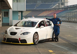 Michal Matějovský with the SEAT León car at the testing event at the Hockenheimring circuit, Germany