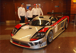 The K plus K motorsport team's drivers with the SALEEN S7R car at the press conference in the Hilton Hotel
