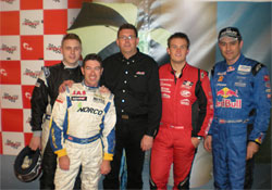 From the left, racing drivers Michal Matějovský, Ryan Sharp, Adam Lacko and Karl Wendlinger, and the team's manager, Roman Seidl (in the middle)