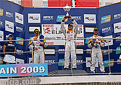 Andrea Larini, Michal Matějovský, and Fredy Barth, the first three drivers of the Sunday race of the SEAT León Eurocup series