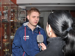 Michal Matějovský s redaktorkou TV Nova Sport Ditou Kocmanovou během natáčení rozhovoru pro pořad Rychlá kola